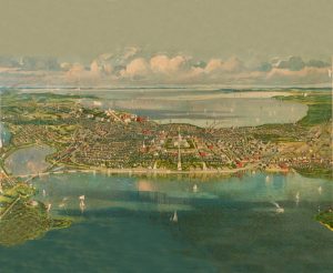 A colorful illustration of Madison's isthmus. The view is over Lake Monona, overlooking the Capitol and beyond Lake Mendota