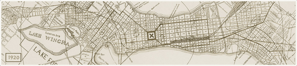 A hand-drawn plot map of Madison's isthmus circa 1920.